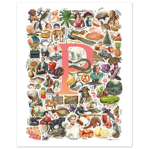 "P is for Pioneer" — a Renard Roux alphabet poster with English P words (red version)
