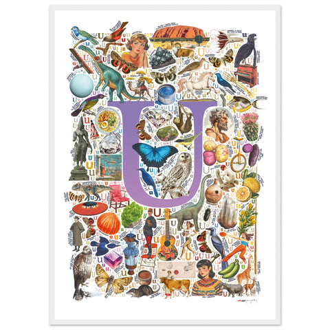 "U is for Unique" — a Renard Roux alphabet poster with English U words (purple version)