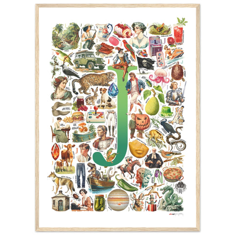 "J is for Journey" — a Renard Roux alphabet poster with English J words (green version)