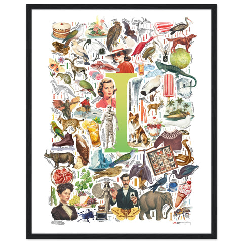 "I is for Imagination" — a Renard Roux alphabet poster with English I words (chartreuse version)