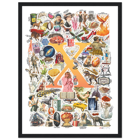 "X is for Xanadu" — a Renard Roux alphabet poster with English X words (yellow version)