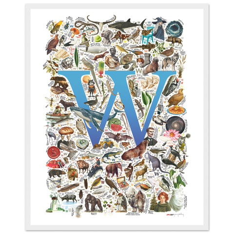 "W is for Wonder" — a Renard Roux alphabet poster with English W words (blue version)
