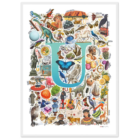 "U is for Unique" — a Renard Roux alphabet poster with English U words (turquoise version)