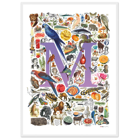 "M is for Magical" — a Renard Roux alphabet poster with English M words (purple version)