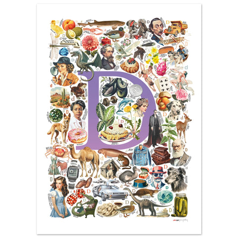 "D is for Discovery" — a Renard Roux alphabet poster with English D words (purple version)