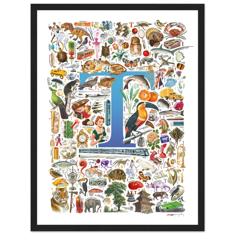 "T is for Treasure" — a Renard Roux alphabet poster with English T words (blue version)
