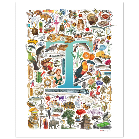 "T is for Treasure" — a Renard Roux alphabet poster with English T words (turquoise version)