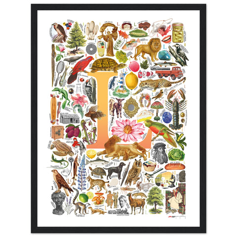 "L is for Learning" — a Renard Roux alphabet poster with English L words (yellow version)