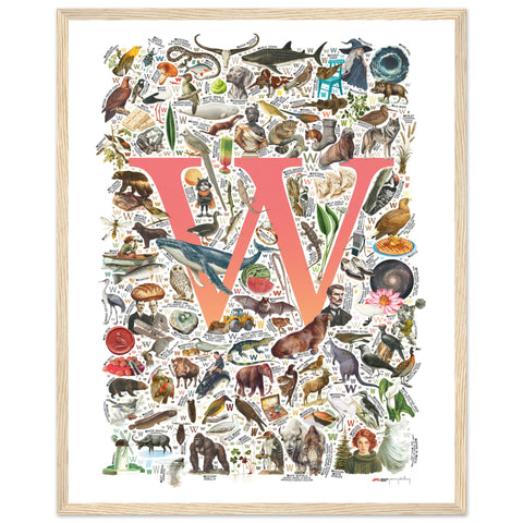 "W is for Wonder" — a Renard Roux alphabet poster with English W words (red version)
