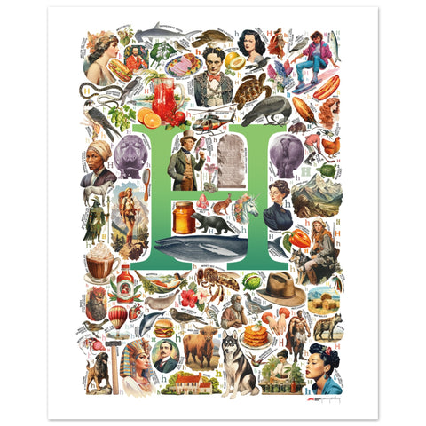 "H is for Heroes" — a Renard Roux alphabet poster with English H words (green version)