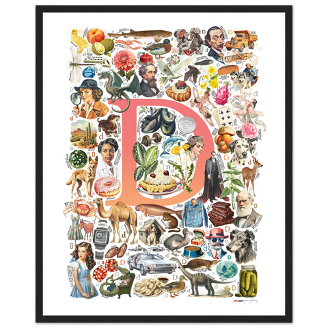 "D is for Discovery" — a Renard Roux alphabet poster with English D words (red version)