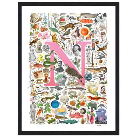 "N is for Nature" — a Renard Roux alphabet poster with English N words (pink version)