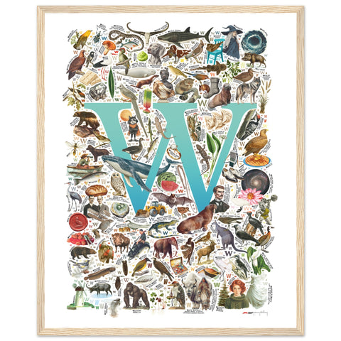 "W is for Wonder" — a Renard Roux alphabet poster with English W words (turquoise version)