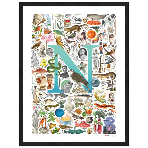 "N is for Nature" — a Renard Roux alphabet poster with English N words (turquoise version)