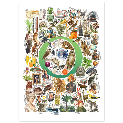 "O is for Original" — a Renard Roux alphabet poster with English O words (green version)