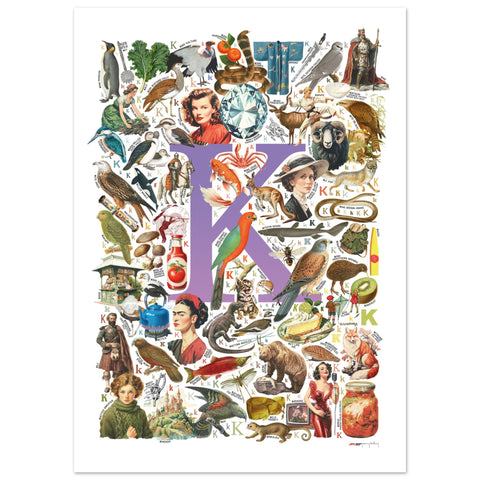 "K is for Keen" — a Renard Roux alphabet poster with English K words (purple version)