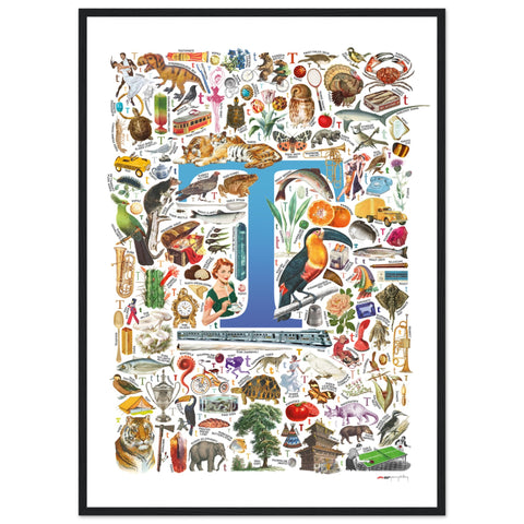 "T is for Treasure" — a Renard Roux alphabet poster with English T words (blue version)