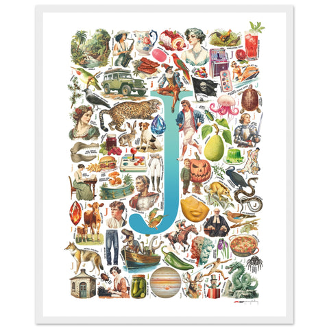 "J is for Journey" — a Renard Roux alphabet poster with English J words (turquoise version)
