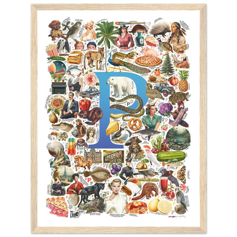 "P is for Pioneer" — a Renard Roux alphabet poster with English P words (blue version)