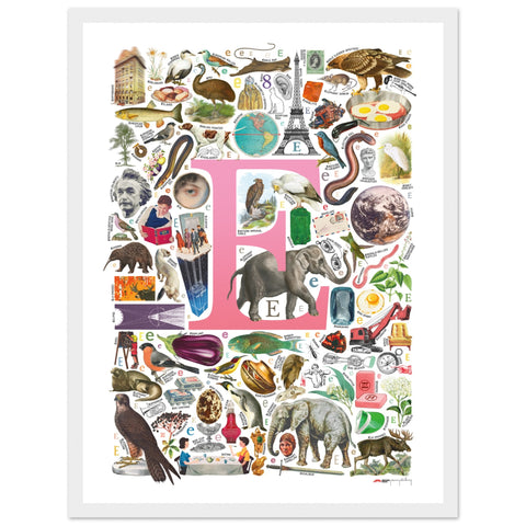 "E is for Explore" — a Renard Roux alphabet poster with English E words (pink version)