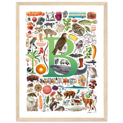 "B is for Brave" — a Renard Roux alphabet poster with English B words (green version)