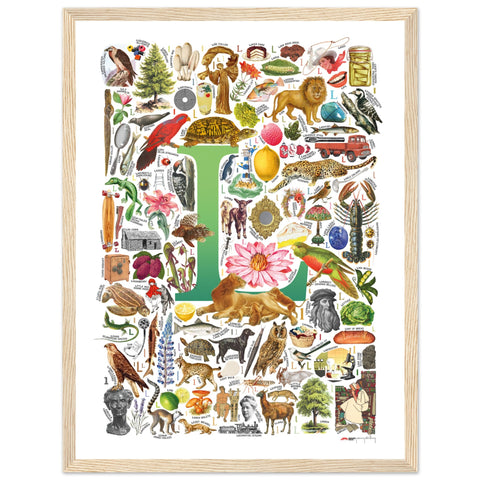 "L is for Learning" — a Renard Roux alphabet poster with English L words (green version)