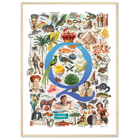"Q is for Quest" — a Renard Roux alphabet poster with English Q words (blue version)