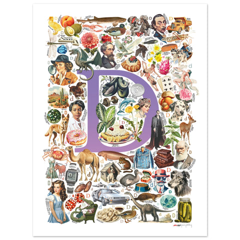 "D is for Discovery" — a Renard Roux alphabet poster with English D words (purple version)