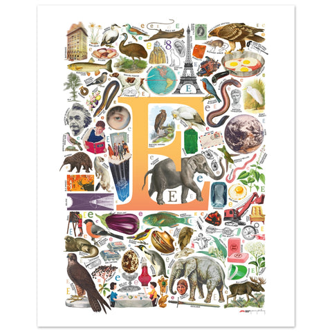 "E is for Explore" — a Renard Roux alphabet poster with English E words (yellow version)