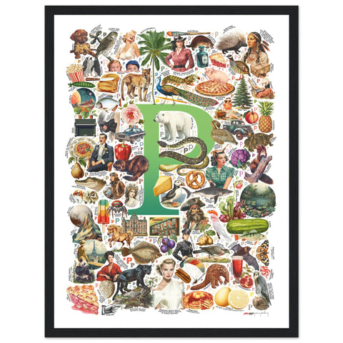 "P is for Pioneer" — a Renard Roux alphabet poster with English P words (green version)