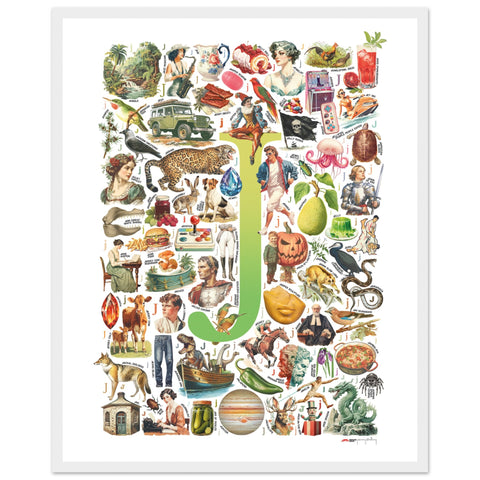 "J is for Journey" — a Renard Roux alphabet poster with English J words (chartreuse version)