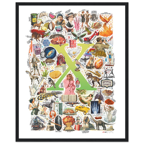 "X is for Xanadu" — a Renard Roux alphabet poster with English X words (chartreuse version)