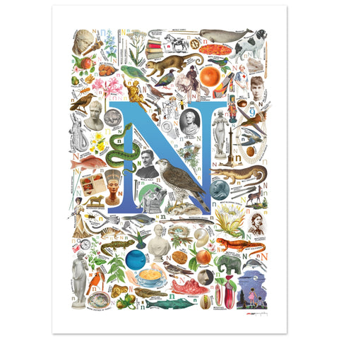 "N is for Nature" — a Renard Roux alphabet poster with English N words (blue version)