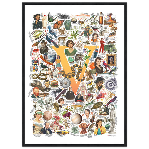 "V is for Voyage" — a Renard Roux alphabet poster with English V words (yellow version)