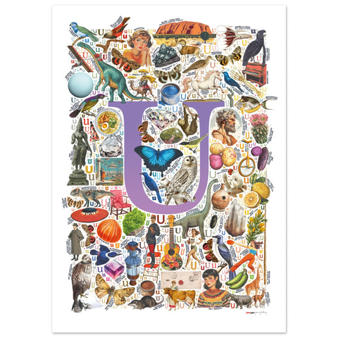 "U is for Unique" — a Renard Roux alphabet poster with English U words (purple version)