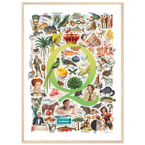 "Q is for Quest" — a Renard Roux alphabet poster with English Q words (chartreuse version)