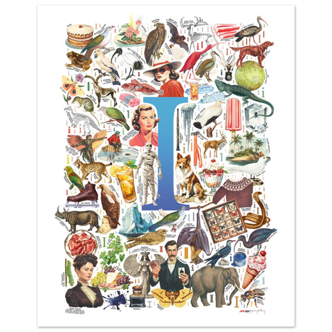 "I is for Imagination" — a Renard Roux alphabet poster with English I words (blue version)