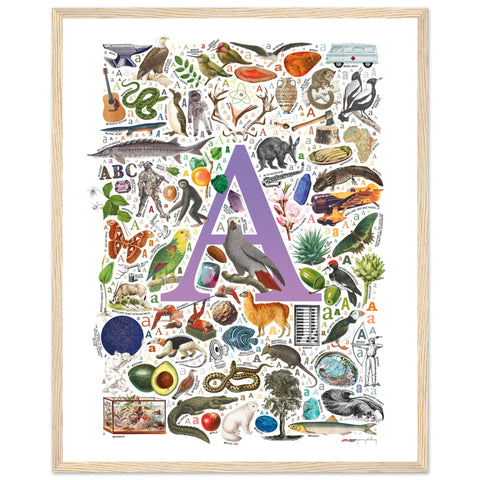 "A is for Adventure" — a Renard Roux alphabet poster with English A words (purple version)