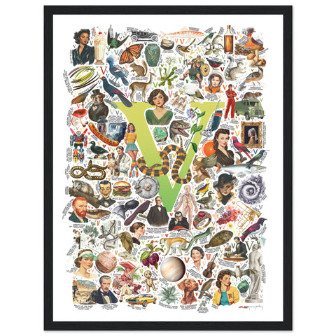 "V is for Voyage" — a Renard Roux alphabet poster with English V words (chartreuse version)