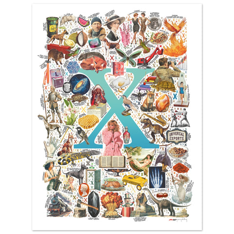 "X is for Xanadu" — a Renard Roux alphabet poster with English X words (turquoise version)