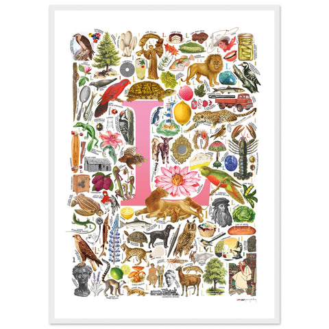 "L is for Learning" — a Renard Roux alphabet poster with English L words (pink version)