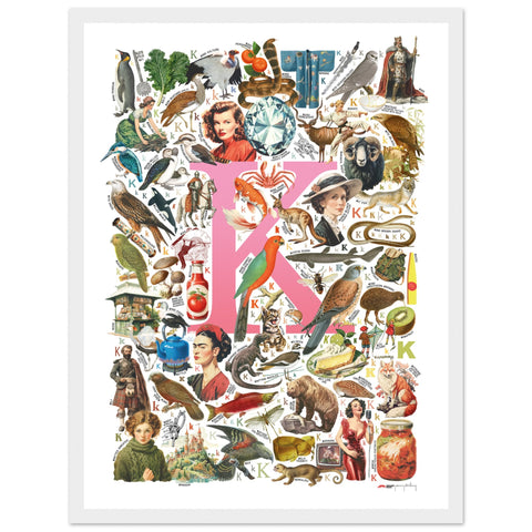 "K is for Keen" — a Renard Roux alphabet poster with English K words (pink version)