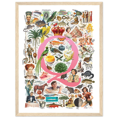 "Q is for Quest" — a Renard Roux alphabet poster with English Q words (pink version)