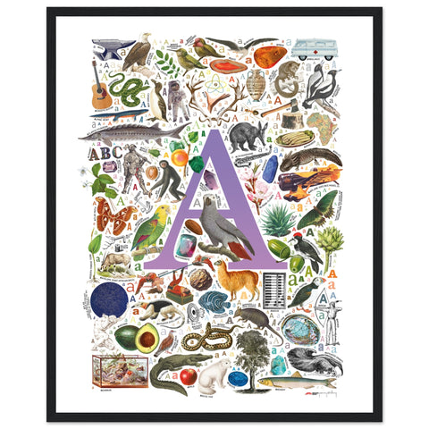 "A is for Adventure" — a Renard Roux alphabet poster with English A words (purple version)