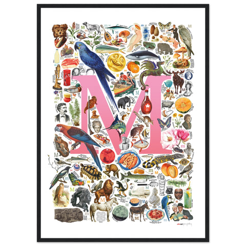 "M is for Magical" — a Renard Roux alphabet poster with English M words (pink version)
