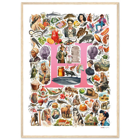 "H is for Heroes" — a Renard Roux alphabet poster with English H words (pink version)