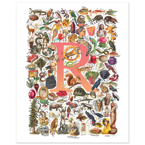 "R is for Remarkable" — a Renard Roux alphabet poster with English R words (red version)