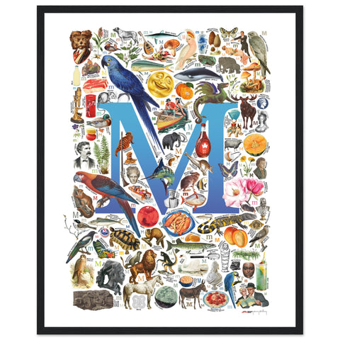 "M is for Magical" — a Renard Roux alphabet poster with English M words (blue version)