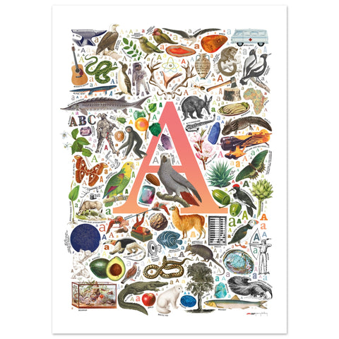 "A is for Adventure" — a Renard Roux alphabet poster with English A words (red version)