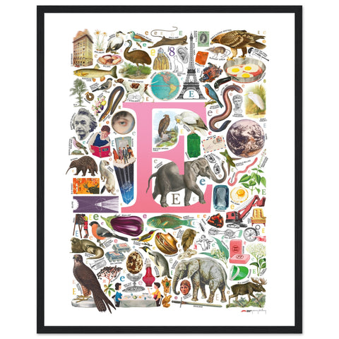 "E is for Explore" — a Renard Roux alphabet poster with English E words (pink version)